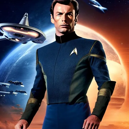 Prompt: A photograph of Bernard Horsfall, wearing a Starfleet uniform, with a Star Trek background, in the style of the "Star Trek: The Wrath of Kahn."