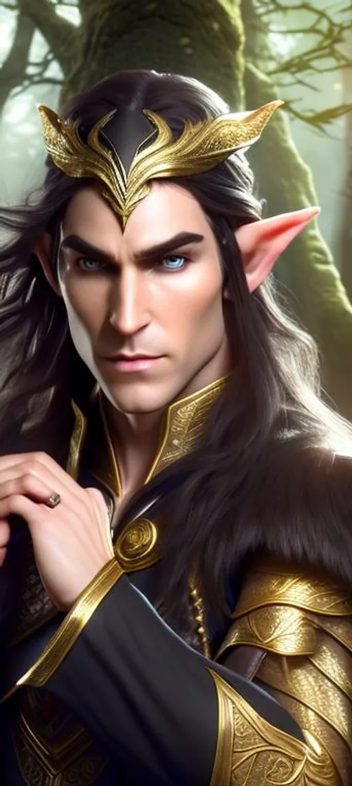 Prompt: Highly Detailed Photo (Wide Shot) of Elven Man(Medium length black hair) has birthmark around left eye,  his expression is difficult to read, is Royal has magic, the elven man could be dangerous, the elven man looks as though is able to conjure magics. Dark Fantasy 8K rendering 4K, Character Concept art