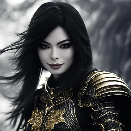 Prompt: monochrome, miranda cosgrave, detailed face, beautiful thin face, skinny, anorexic, petitte, queen, gold crown, black armor, gold details, fur black cape, chainmail, warrior, knight, scifi