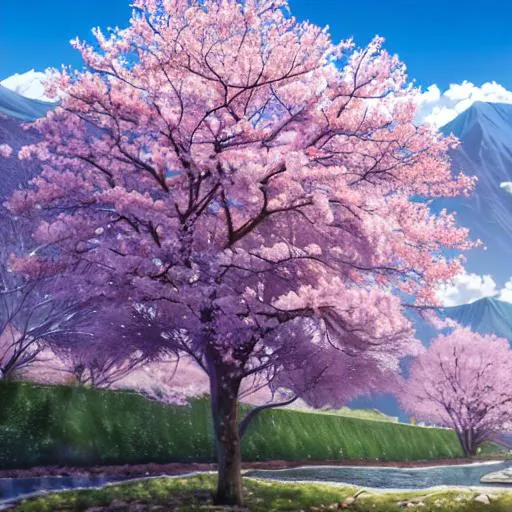 Prompt: Sakura Tree with Mountains in the background, and in the middle there's a river flowing..with a anime art