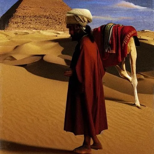 Prompt: an Egyptian tour guide with a fez walking in the desert next to a camel, vermeer