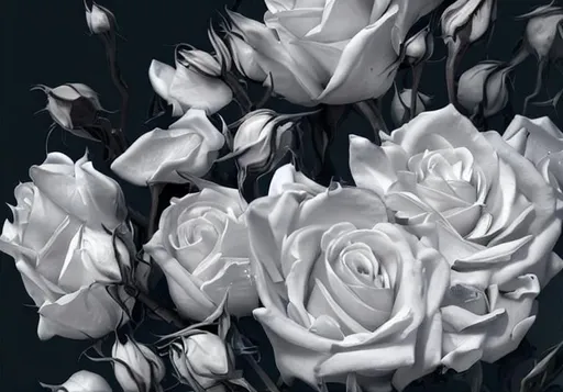 Prompt: Portrait of macro roses with white and soft blue petals and with black background, perfect composition, hyperrealistic, super detailed, 8k, high quality, trending art, trending on artstation, sharp focus, studio photo, intricate details, highly detailed,
