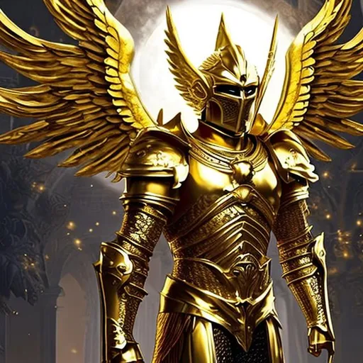 Prompt: A fantasy angelic masculine male knight with a shining golden full-body armor made of light with golden wings like a Garuda and a badass golden mask