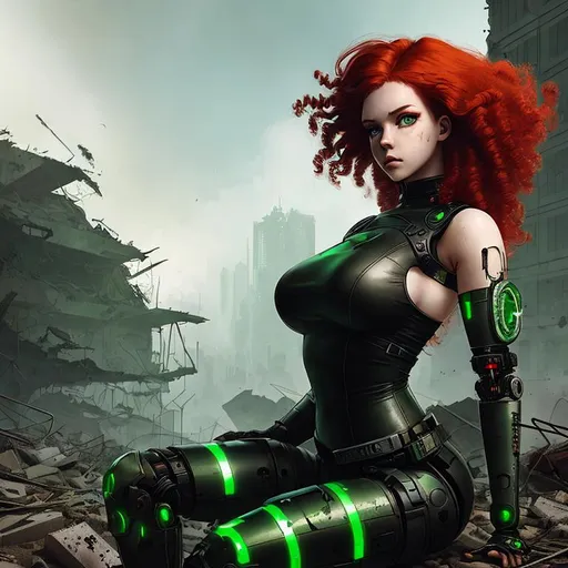 Prompt: female cyborg in ruins, post-apocalyptic, Ilya Kuvshinov, red hair, long curly hair, green eyes, black leather leotard, curvy, sexual pose