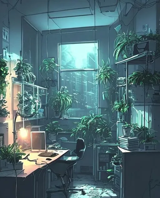 Prompt: dorm room, with full of nature plant but there is a computer in somewhere the picture, dark and gloomy describe fear,, cartoon style, the plant all over the dorm, kinda feel after apocalypse, fear of ocean. make it cyber punk style
