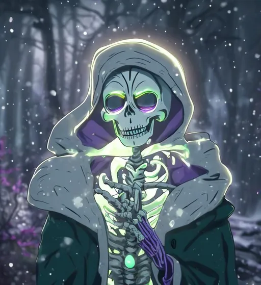 Prompt: A slim 5'9 skeleton with glowing eyes and wearing a purple and green hoodie with a gold heart locket pendent and black fingerless gloves smiling in a snowy forest animated undertale