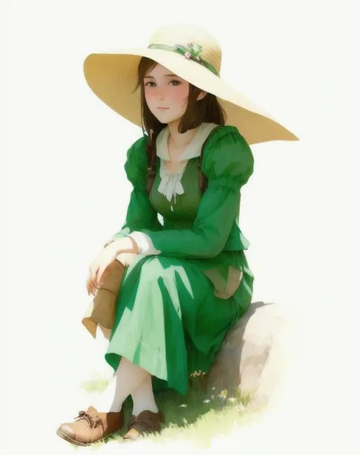 Prompt: A country styled girl in a meadow, sitting on a rock, with a sun hat, perfect features, extremely detailed, realistic. Krenz Cushart + loish +gaston bussiere +craig mullins, j. c. leyendecker +Artgerm, 