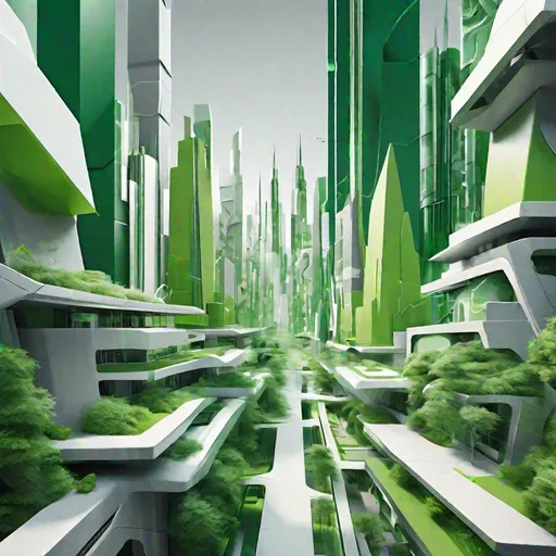 Prompt: Create an abstract piece showcasing a cityscape in 2075, where hyperconnected infrastructures blend seamlessly with sustainable green spaces. Use geometric shapes and lines in hues of silver and green to highlight the harmony between technology and nature