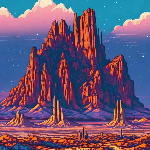 Prompt: superstition mountains, Arizona, hyperdetailed, proportional, romantic, enchanting, achingly beautiful, graphic print, trending on artstation, bob's burgers style