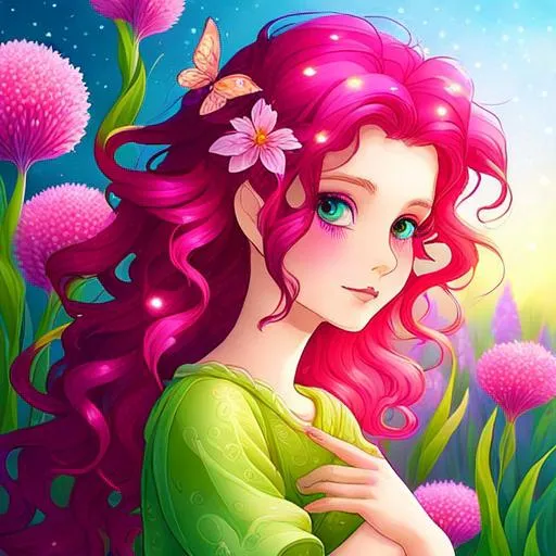 Prompt: a young fairy of spring, very curlsy hair, pink glow,  wildflowers, vivid colors, closeup