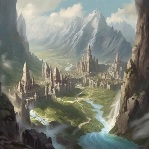 Prompt: Dungeons and Dragons Fantasy art - a marble city seen within a valley between two mountain ranges, the city should contain 6 spires and be opulent