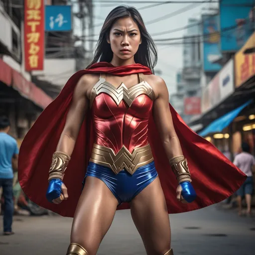 Prompt: one hybrid superhero character, Mix  famous female muay thai fighter and wonderwoman, in realistic background of bangkok, intense facial expression, detailed armor and cape, 4K, detailed facial expression, superhero, vibrant colors, intense gaze, advertisement-worthy, realistic, detailed illustration, professional, vibrant lighting
