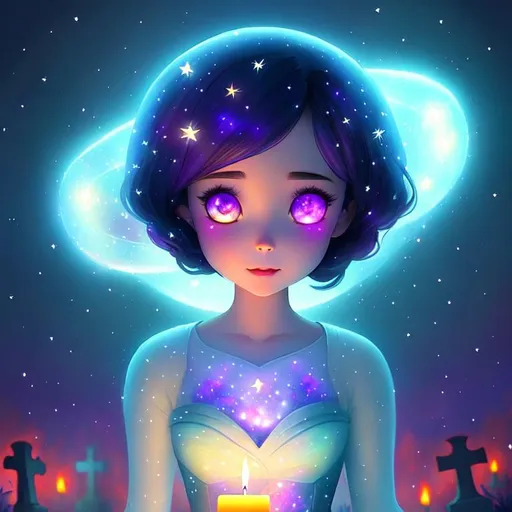 Prompt: Cute Pixar style painting, an adorable spirit woman, graveyard, midnight, translucent skin,  floating, nebula, galaxy, stars, fireflies, glowing eyes, glowing, Graves, cemetery, candles 