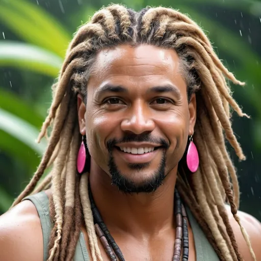 Prompt: full body portrait of a very handsome, middle-aged Afro-Latino hunky hairy chubby man with longer sandy brown curled dreadlocks, light eyes, thick pink lips, "hyperreal detailed face", calm smile, attractive pink lips, rain forest, travel shot, detailed facial features, detailed locs, hyperreal, perfect composition, hyperrealistic, super detailed, 8k, high quality, sharp focus, studio photo, photography, natural light, intricate details, highly detailed, hyperrealistic, very long hair locs, soaked