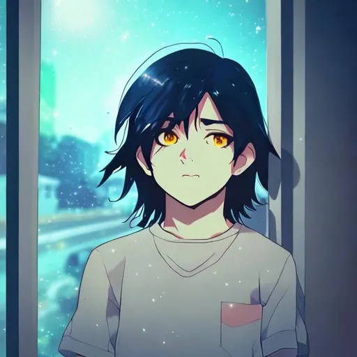 Prompt: Anime boy with long hair looking at the window at night time
