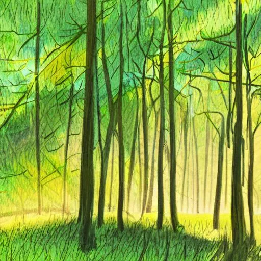 Prompt: color sketch of the sunlight shining through trees in a lush green forest