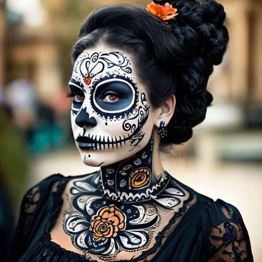 Prompt: Victorian era woman dressed in black with calavera face painting. Latina