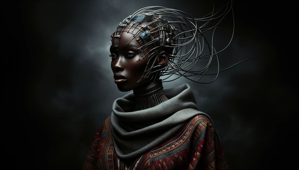Prompt: In a photorealistic style reminiscent of National Geographic, a woman stands poised, her wire head piece a fusion of cybernetic technology and ancestral African craftsmanship, her intricate attire telling a story, all set against a moody, dark palette in wide format.