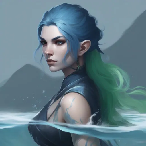 Prompt: dnd a female genasi with pale blue skin and dark blue and green hair flowing water