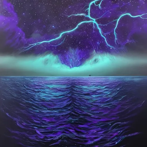Prompt: Portrait painting. Top half is dark void of stars and galaxies, in colours of violet and indigo. Bottom half is ocean with bioluminescent creatures with glowing eyes. A lightning spans from the top to th e bottom