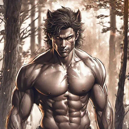 Prompt: muscular tanned man, beautiful features, brown hair, brown eyes, shirtless, surrounded by woods, werewolf, beautifully detailed, epic lighting