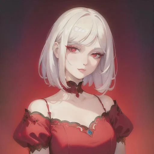 Prompt: (masterpiece, illustration, best quality:1.2), short pure white hair, red eyes, wearing red silky nightgown, best quality face, best quality, best quality skin, best quality eyes, best quality lips, ultra-detailed eyes, ultra-detailed hair, ultra-detailed, illustration, colorful, soft glow, 1 girl, happy expression