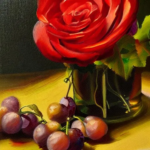 Prompt: rose, grapes, oil painting