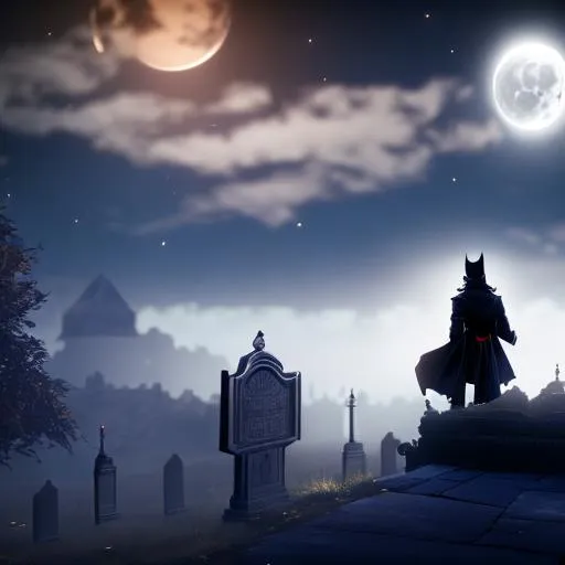 Prompt: Vampire Strong Male Sits on the wall of a graveyard wearing black clothes and a black trench Coat has a pistol and sword super detailed midnight with stars shining and a full moon dynamic lighting shadowed magical dark fantasy beautiful 4k artistic hyperrealism unreal engine 5 uncanny valley fangs 