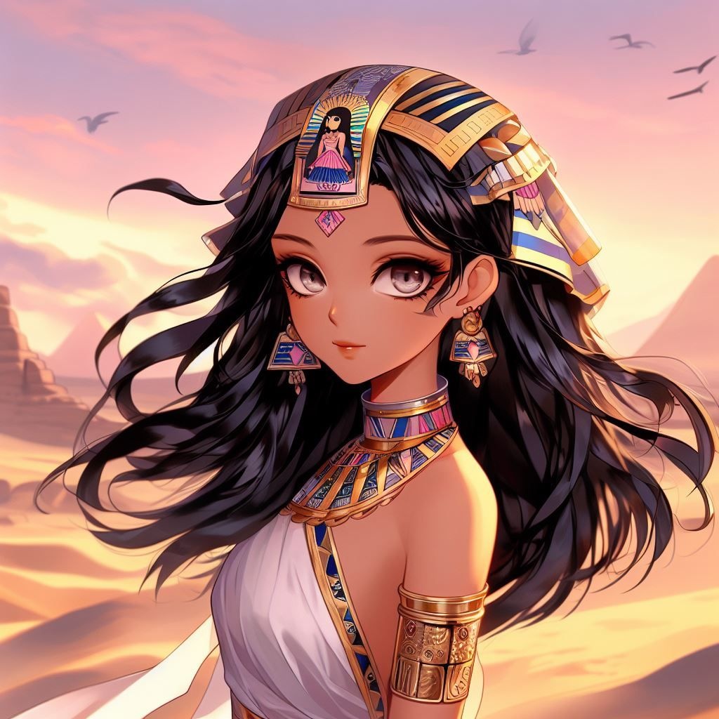 Prompt: young female egyptian girl in desert scenery, in the style of realistic hyper-detailed portraits, anime-inspired, children's book illustrations, hyper-realistic sci-fi, silver and bronze, vibrant illustrations, richly colored skies