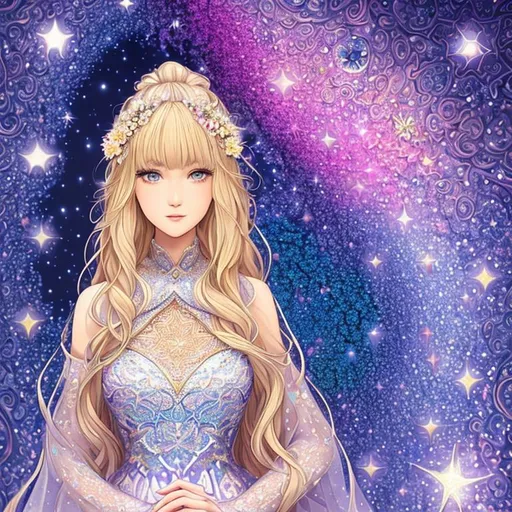 Prompt: beautiful woman with long blonde julia sets fractal balayage hair, large chest, doing magic, wearing white voronoi fractal dress, cute, fibonacci flowers, aesthetic, pastel, fairycore, disney, pixar, moon, stars, witchcraft, in a starry full color lorenz fractal in voronoi pastel sky, garden, sweet, dreamy, award winning illustration, artstation, highres, hyperrealistic, very beatiful face, very beatiful eyes, celestial, sci-fi, fantasy, cottagecore, tarot card style, art nouveau