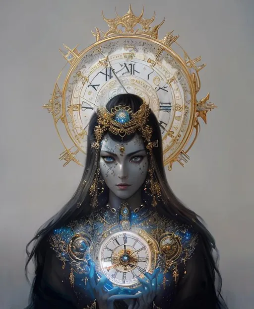 Prompt: A time clock beautiful goddess. She controls the time. Clocks parts all over her body. Opalescent skin. Intricate metallic details. Art by Karol bak, catrin Welz-Stein, Melanie Delon, Josephine wall, Sherry Akrami, Alex Alemany. Best quality, cinematic smooth, highly detailed, beautifully lit. 