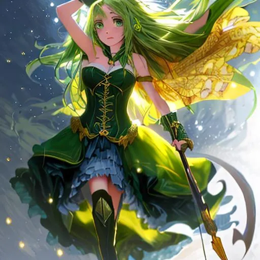 Prompt: (masterpiece), anime art, best quality, expressive eyes, perfect face, 1girl, fourteen years old girl, full body, long green hair, long hair, unbound hair, green right eye, blue left eye, heterochromatic eyes, standing, holding a pike, weapon, gauntlets, greaves, thigh highs armour, green dress with yellow ribbons, open front gown, green gown, choker with a green gem, strings connected to the body, strings going upward, giant hands above, black gloved hands above, strings emanating from the giant hands