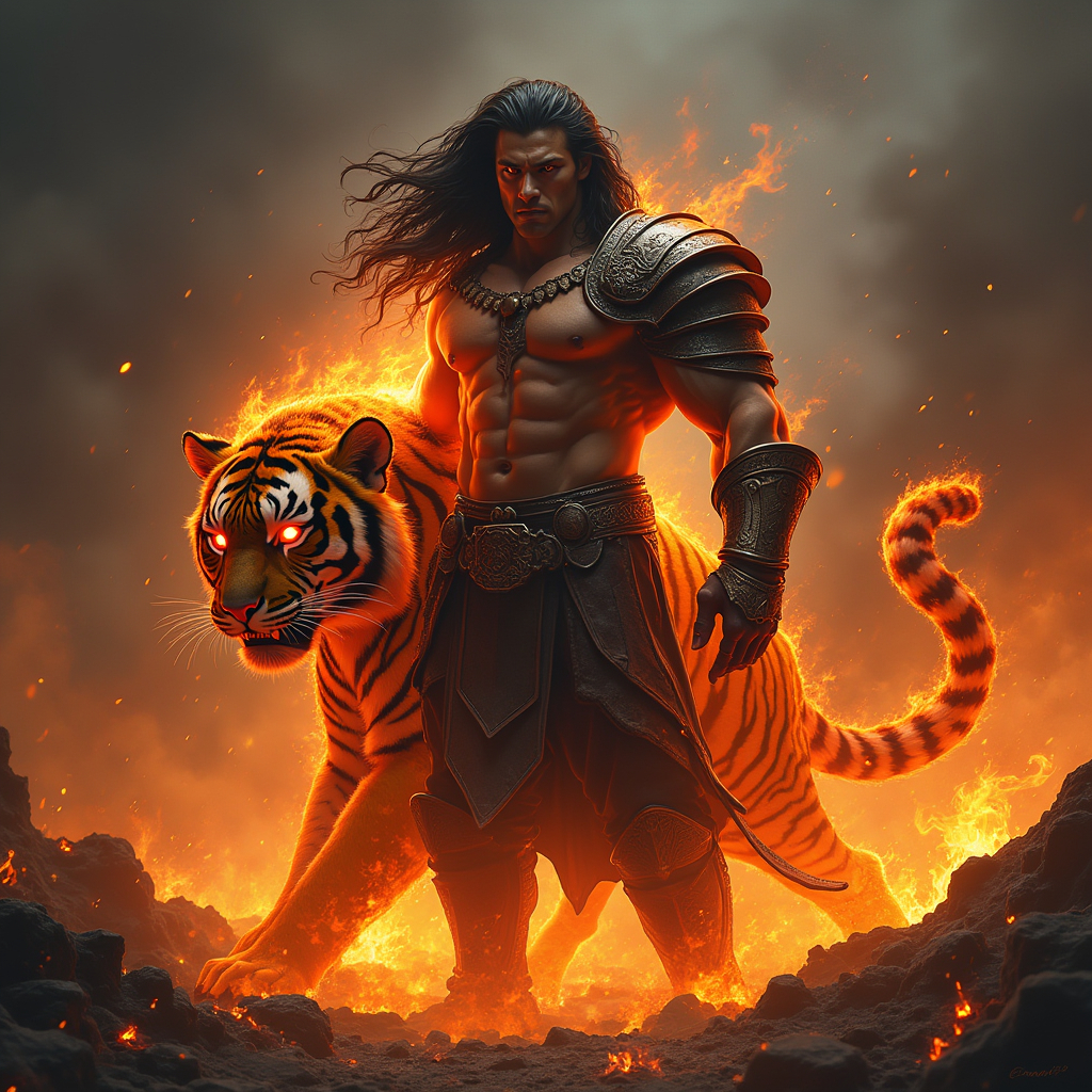 Strong Intimidating Figure A powerful figure stands boldly amidst a fiery backd...