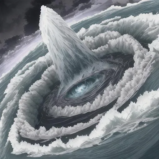 Prompt: sea monster coming out of the Mariana trench in a storm and creating giant whirlpool's and tsunamis