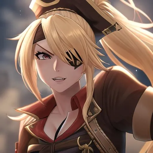 Prompt: Female pirate, (blonde hair pulled back into a ponytail) ,UHD, 8K, insane detail, best quality, high quality,  pirate, eye patch, fierce, friendly, pirate hat, highly detailed