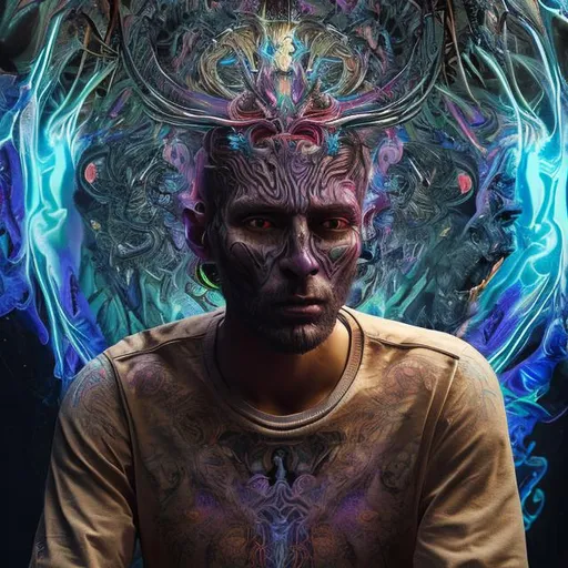 Prompt: human man who is having a psychedelic LSD hallucination of angels and demons surrounding his body side view seated on a chair detailed faces hyper realistic extremely detailed dark cinematic 4K