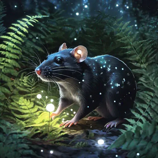 Prompt: A fantasy translucent black rat with white spots that is glowing, in the undergrowth surrounded by ferns, beneath the stars, bioluminescent, highres, best quality, concept art