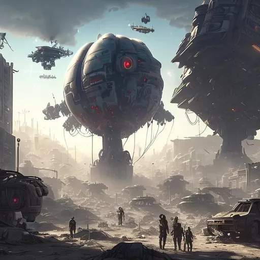 Prompt: Post apocalyptic town with futuristic tech on a surrounded by dead trees and a massive flying blimp with mechs fighting people and a futuristic city in the background 
