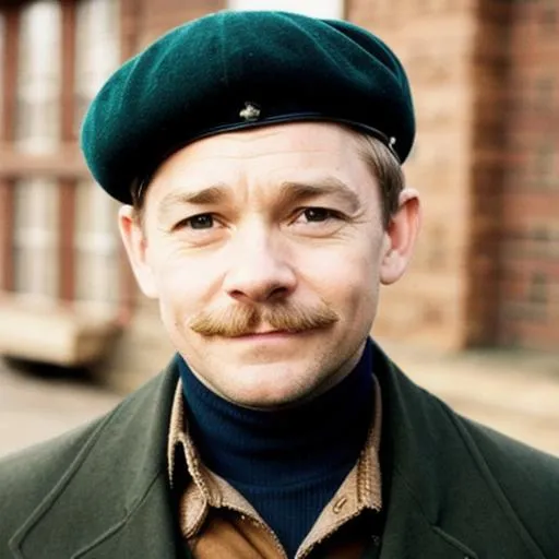 Prompt: Martin Freeman with a vintage moustache as a builder