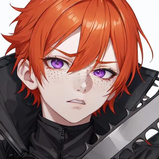 Prompt: Erikku male adult (short ginger hair, freckles, right eye blue left eye purple) UHD, 8K, Highly detailed, insane detail, best quality, high quality, using a chainsaw, angry