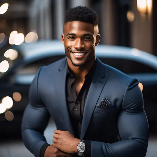 Prompt: Attractive, pretty, very muscular, black male model, short straight hair, large shoulders, tight suit, confident posture, smiling, professional ambiance, high quality, realistic, cool tones, muscular, detailed facial features, tailored suit, intense gaze, tailored clothing, ambient lighting