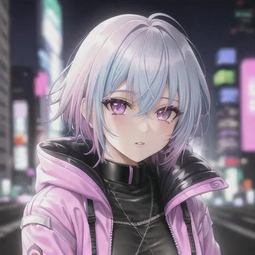 Prompt: cyberpunk woman with Pastel Rainbow white blue short hair,Light Pink eyes, 20 years old, using a jacket black with details pink with blue