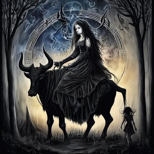 Prompt: Dark art showing the Taurus horoscope with a girl riding it wearing long black gown in dark sky with bloody moon