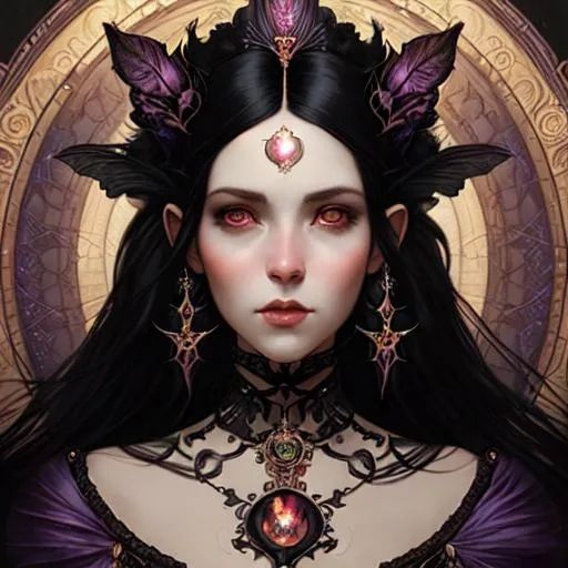 Prompt: Gorgeous black hair, Queen goddess Vampire” intricate, magic_hour, magnificent, masterpiece portrait by tom bagshaw, by minjae lee, by android jones, by WLOP, mucha, Waterhouse, by eve ventrue, by anna dittmann, by Alessio Albi, dynamic_lighting, rainbow prismatic colors