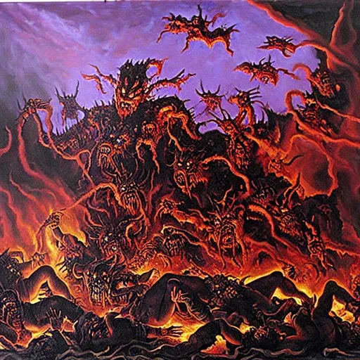 Prompt: Hellish realistic painting of a chaos demon wielding the corpses of its victims as armor.  The chaos demon is biting a medieval soldier in half.  vibrant violet vapors rise from an abyss. The background is set in hell with corrupted earth and decaying corpses of humans and angels  scattered beneath the chaos god. death | suffering | malevolence | war | grim | despair | UHD, 4K, 8K, 64K, highly detailed.