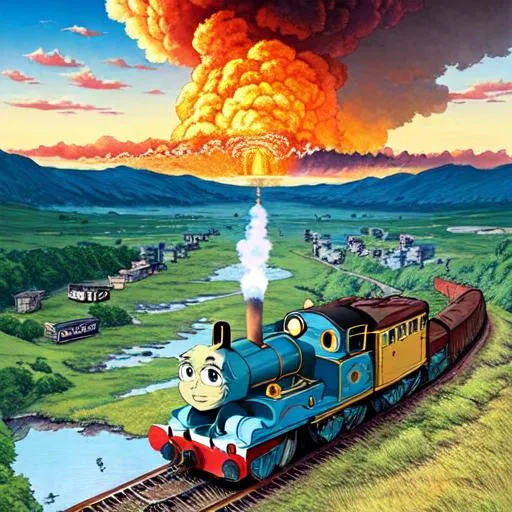 Prompt: Poster art, in the style of Hayao Miyazaki ,digital art, 8k, masterpiece, Thomas the tank engine travels through post apocalyptic world surrounded by nukes going off, highly detailed, poster art, detailed face, art by Hayao Miyazaki, art style of Hayao Miyazaki
