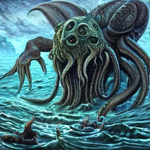 Prompt: Hyperdetailed oil painting of Great Cthulhu emerging from the sunken city of R'lyeh