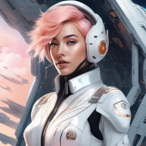 Prompt: I'm requesting a high-quality, centered professional photograph featuring a young woman with pastel pink hair gradually fading to peach, dressed in a white mecha pilot suit, standing in front of a sleek white futuristic spaceship. The scene should be set against the backdrop of a deep blue sky punctuated by large white clouds on the edges. The style should recall the works of Ilya Kuvshinov and be placed in a nanopunk universe.

Her hair should form a striking contrast with her white pilot suit, the pink and peach hues appearing even more vibrant. The suit, with its sharp cuts, intricate detailing, and glossy white finish, should exude a futuristic and high-tech aesthetic, quintessential for a nanopunk theme.

The spaceship in the backdrop should be grand, sleek, and modern, reflecting advanced technology. The white color of the spaceship should interact beautifully with the sunlight, creating an array of glistening light and shadow across the spaceship's surface.

The sky forms the canvas for this scene, its deep blue hue serving as the perfect contrast to the white elements in the frame. Large white clouds should billow at the edges, lending a touch of realism to this futuristic setup.

Her face should be the focal point of the image, perfectly lit, and meticulously detailed, encapsulating the essence of her character. Her gaze should be directed towards the horizon, embodying a determined, almost dreamy expression, reflecting her affinity for her piloting pursuits.

The lighting should be balanced and realistic, illuminating her face, the pilot suit, and the spaceship in a manner that accentuates their details and enhances the overall visual narrative.

The prompt thus describes a richly detailed portrait of a young woman and her high-tech world, epitomizing her courage and ambition in a captivating nanopunk setting.