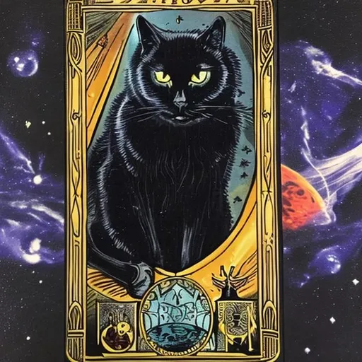 Prompt: Tarot reading beautiful black cat mysterieus in space