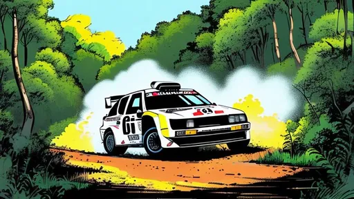 Prompt: Group b rally car sliding through a corner in the woods on a dirt path  as crowds dive out of the way, anime, cell shaded, art, digital art, intense,